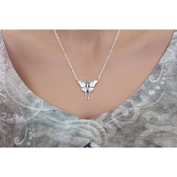 Sterling Silver Luna Moth Pendant Necklace, Silver Luna Moth Pendant Necklace - Picture 3 of 5